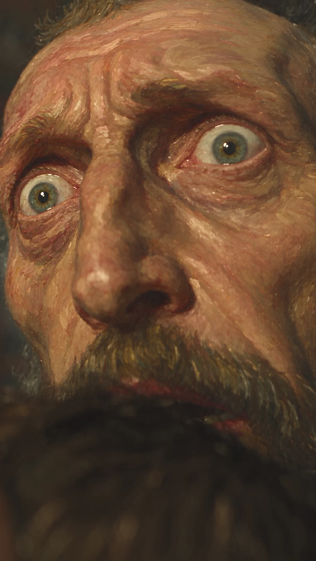 A sharp close view of Ivan’s eyes and expression in the artwork film