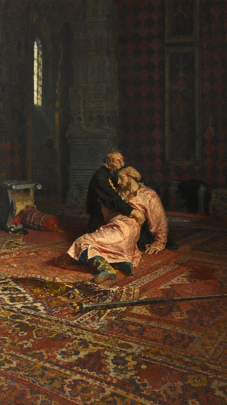 A frame from Ivan showing the painted chamber and two figures, reinterpreted from Ilya Repin’s artwork