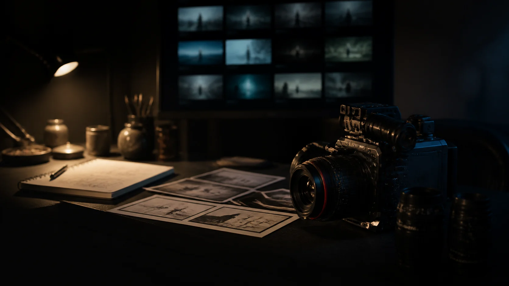 A cinematic production desk with a camera, storyboard references, and a monitor