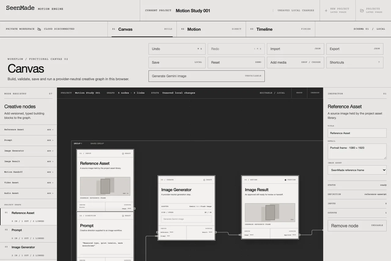 SeenMade Motion Engine’s actual canvas interface with connected image workflow nodes