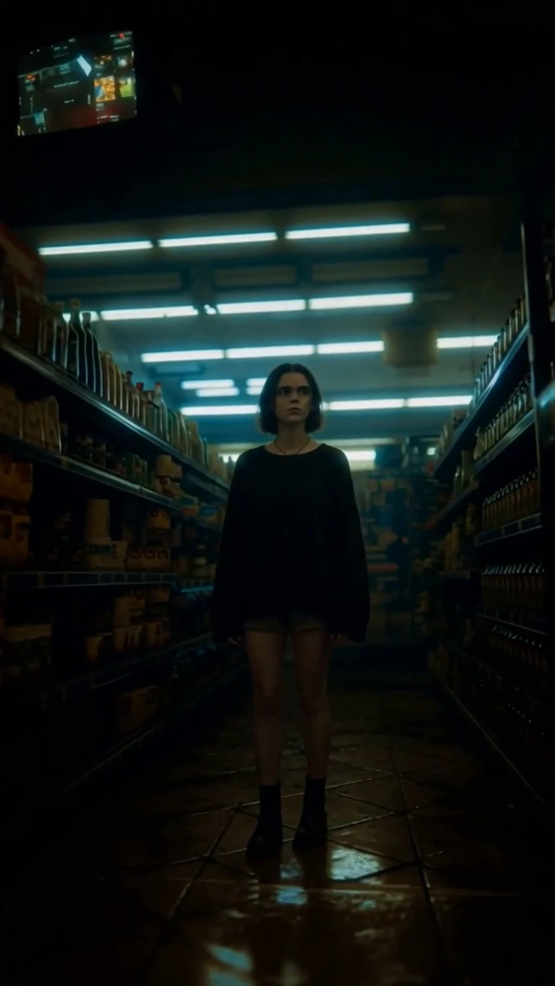 The shopper beneath fluorescent supermarket lights in MILK